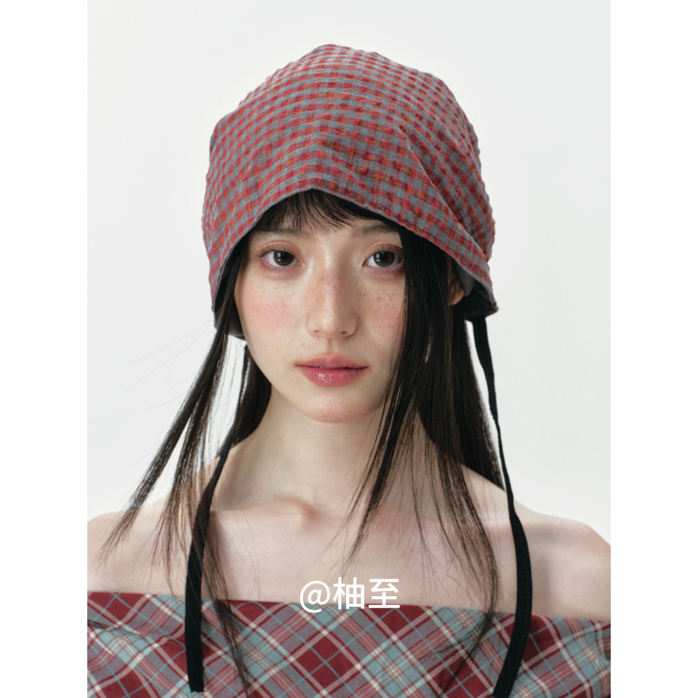 学院风格子绑带包头帽子女春秋显脸小复古文艺日系系带套头帽ins