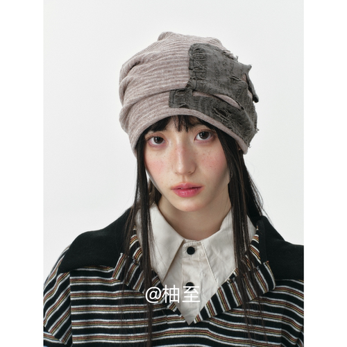 废土风拼接破洞堆堆帽子女春秋韩版日系百搭显脸小套头帽包头帽潮