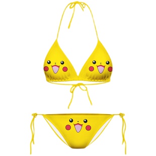 三点式 内衣黄色皮卡丘泳衣女温泉分体性感卡通系带挂脖三角比基尼