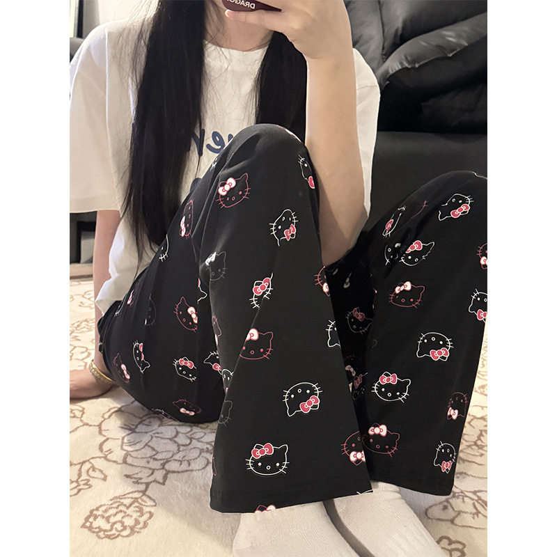 黑色甜酷满印凯蒂猫可爱睡裤韩版宽松高腰直筒家居长裤春夏季