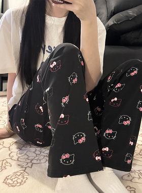 黑色甜酷满印凯蒂猫可爱睡裤韩版宽松高腰直筒家居长裤春夏季