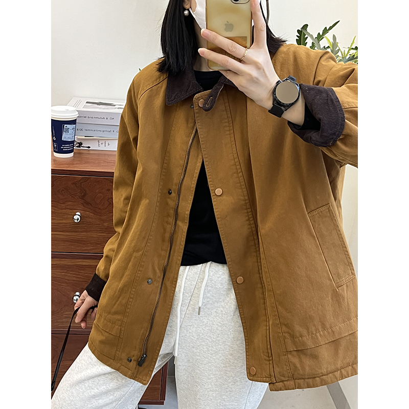 1021复古文艺灯芯绒撞色翻领棉服女宽松休闲工装加厚外套保暖棉服