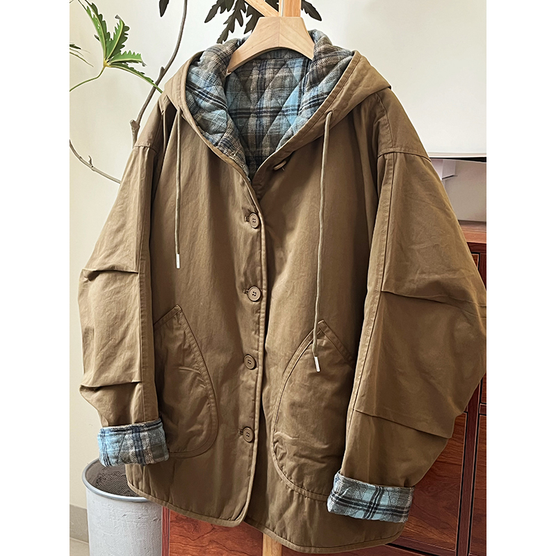 【非衣】冬季新款连帽棉服女日系蓝格子拼接棉衣宽松显瘦加厚外套