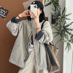 立领抽绳风衣外套宽松款 韩系复古撞色格纹风衣外套2026春季 新款