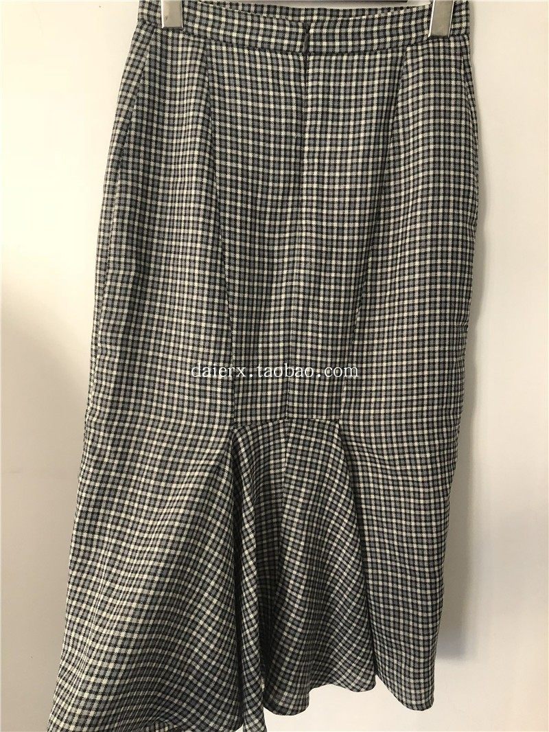 韩国荷叶边下摆格子鱼尾中长裙