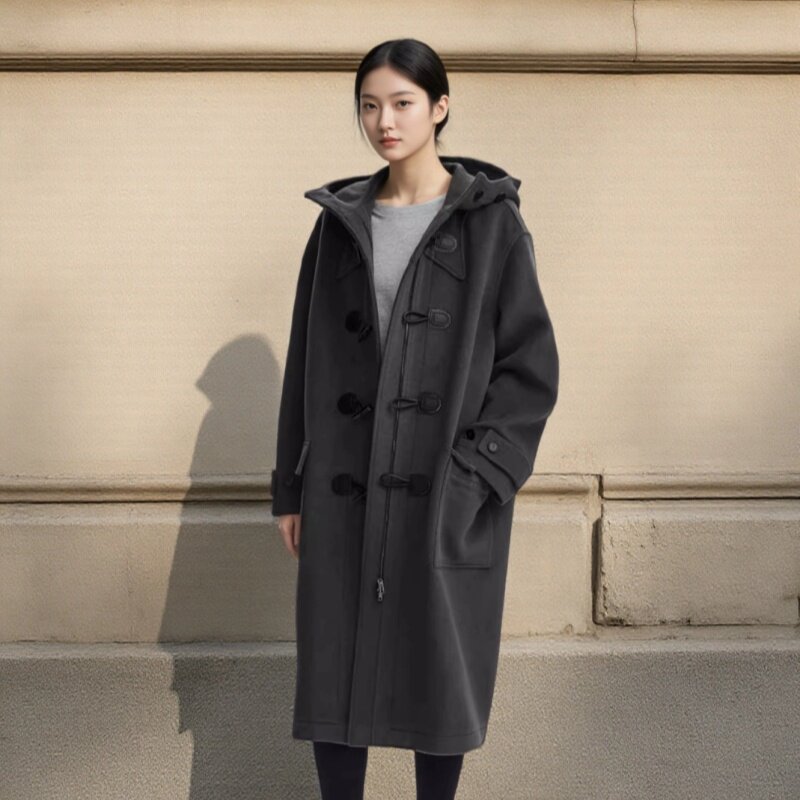 FJSD宽松版型绵羊毛牛角扣毛呢大衣女格雷系新品