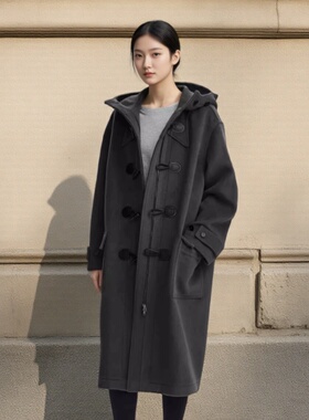 FJSD宽松版型绵羊毛牛角扣毛呢大衣女格雷系新品