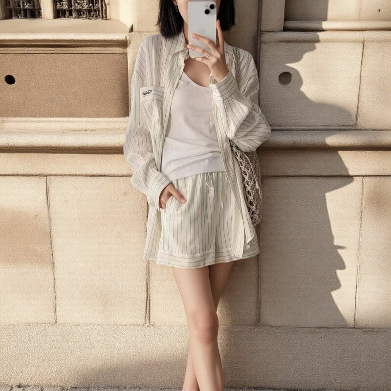 FJSD 细条纹亚麻衬衫短裤套装2025年廓形宽松长袖休闲上衣女