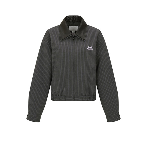 UR&DC2026春季新款休闲都市撞色条纹刺绣拼接短款夹克翻领外套女