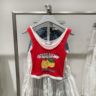 UR&DC2025夏季新款可露丽休闲撞色假两件印花无袖背心女短款上衣