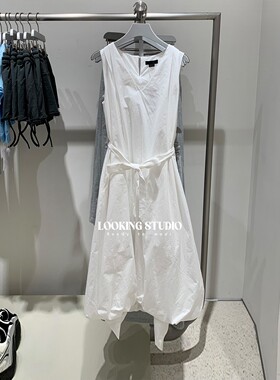 UR&DC2025夏季新款法式欧若风腰带V领收腰修身无袖连衣裙花苞长裙