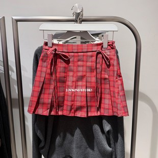 UR&DC2026春季新款都市学院风红色格纹蝴蝶结百褶半裙A字裙子短裙