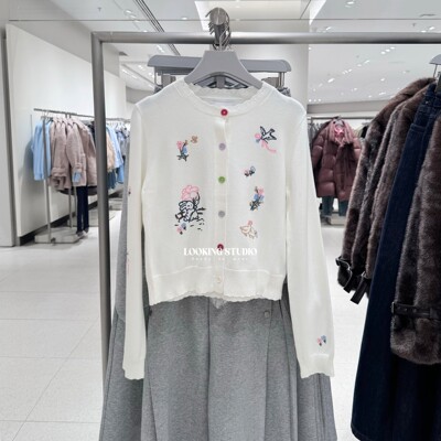 UR&DC2026春季新款甜美减龄休闲童趣动物花卉刺绣针织开衫女上衣