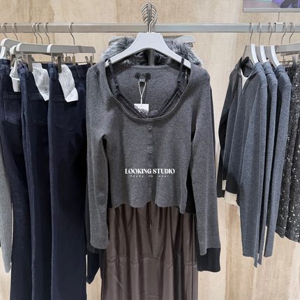 UR&DC2025秋冬新款气质假两件拼接蕾丝短款修身长袖针织衫女上衣