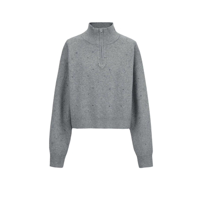 UR&DC2024冬季新款高级感时尚气质烫钻立领拉链半襟长袖针织衫女