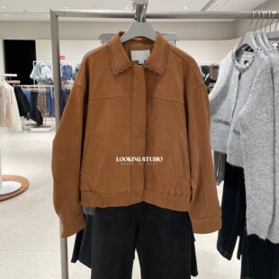 UR&DC2026春季新款宽松琥珀流光风都市翻领镂空松紧腰短款外套女