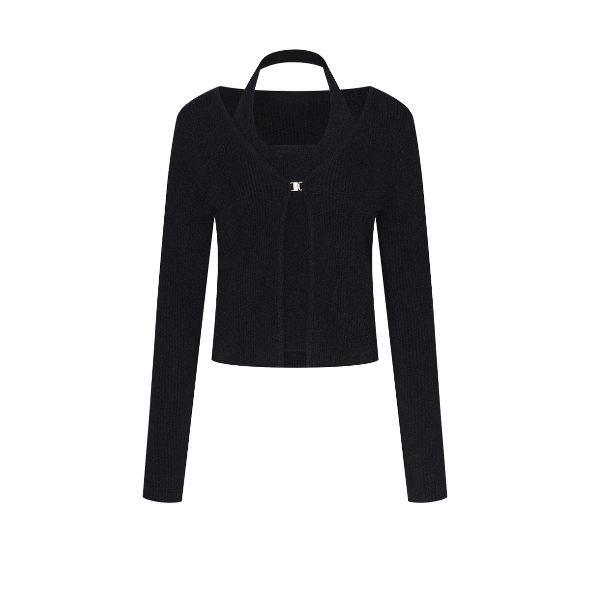 UR&DC2025秋季新款辣妹氛围感假两件黑色V领长袖针织衫女挂脖上衣