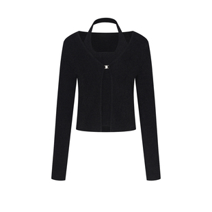 UR&DC2025秋季新款辣妹氛围感假两件黑色V领长袖针织衫女挂脖上衣