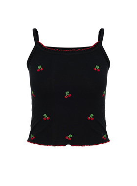 UR&DC2025夏季新款法式甜美樱桃图案黑色修身吊带背心女短款上衣