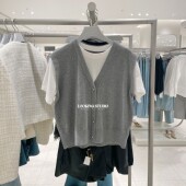 女短款 UR&DC2026春季 针织衫 气质撞色拼接假两件扣饰短袖 上衣 新款