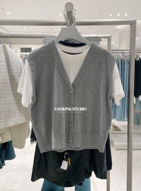 UR&DC2026春季新款气质撞色拼接假两件扣饰短袖针织衫女短款上衣