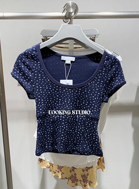 UR&DC2025夏季新款法式甜美bm时尚百搭花边镂空短袖T恤女短款上衣