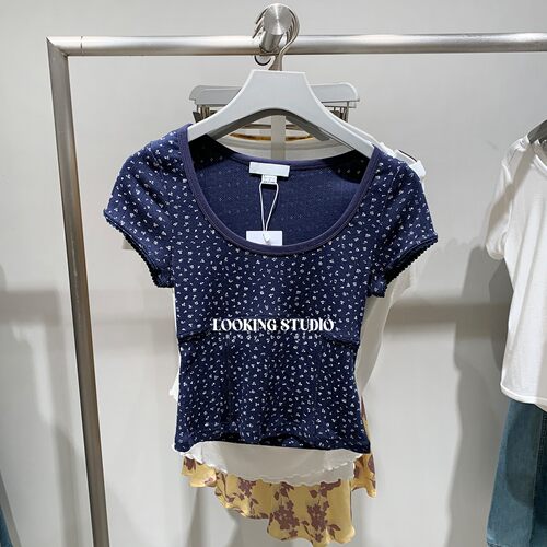 UR&DC2025夏季新款法式甜美bm时尚百搭花边镂空短袖T恤女短款上衣