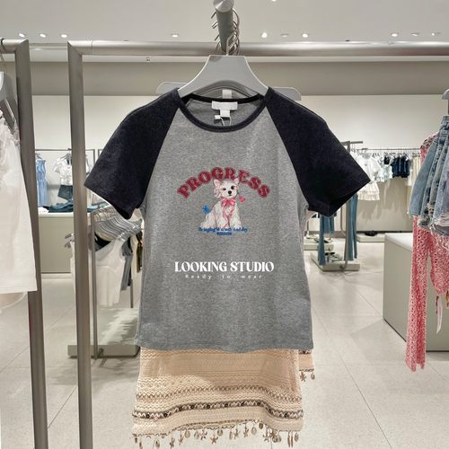 UR&DC2025夏季新款可露丽趣味萌宠印花撞色圆领短袖T恤女短款上衣