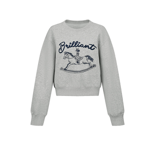 UR&DC2026春季新款休闲字母趣味木马刺绣圆领套头短款卫衣女上衣