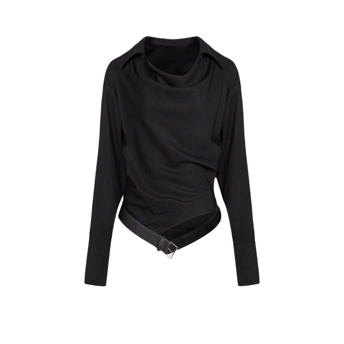 UR&DC2024初秋款潮流腰带装饰设计感荡领长袖罩衫衬衫女黑色上衣