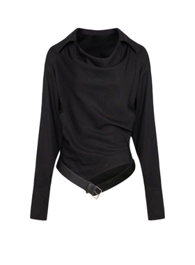 UR&DC2026春季新款腰带装饰设计感荡领长袖罩衫衬衫女黑色上衣潮