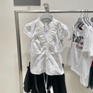 UR&DC2026秋季新款法式休闲荷叶边后系带短款开襟短袖衬衫女上衣