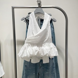 UR&DC2025夏季新款法式芭蕾风气质挂脖打揽绑带吊带衫女白色上衣