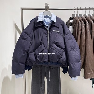 UR&DC2025冬季新款设计感撞色格纹真两件套保暖翻领短款羽绒服女