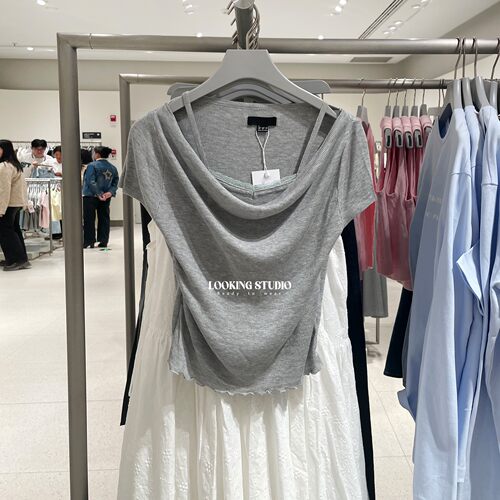 UR&DC2026春季新款气质木耳边一字领短袖假两件针织衫女短款上衣