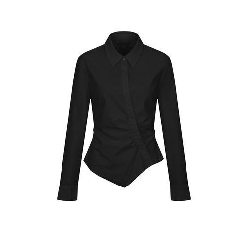 UR&DC2026春季新款气质斜襟抽褶不规则下摆开襟长袖衬衫女短上衣