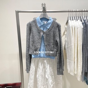 UR&DC2025秋季新款设计感彩色花朵亮片假两件针织开衫女短款上衣