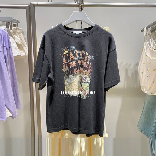 UR&DC2025夏季新款可露丽美式复古印花宽松纯棉圆领短袖T恤女上衣