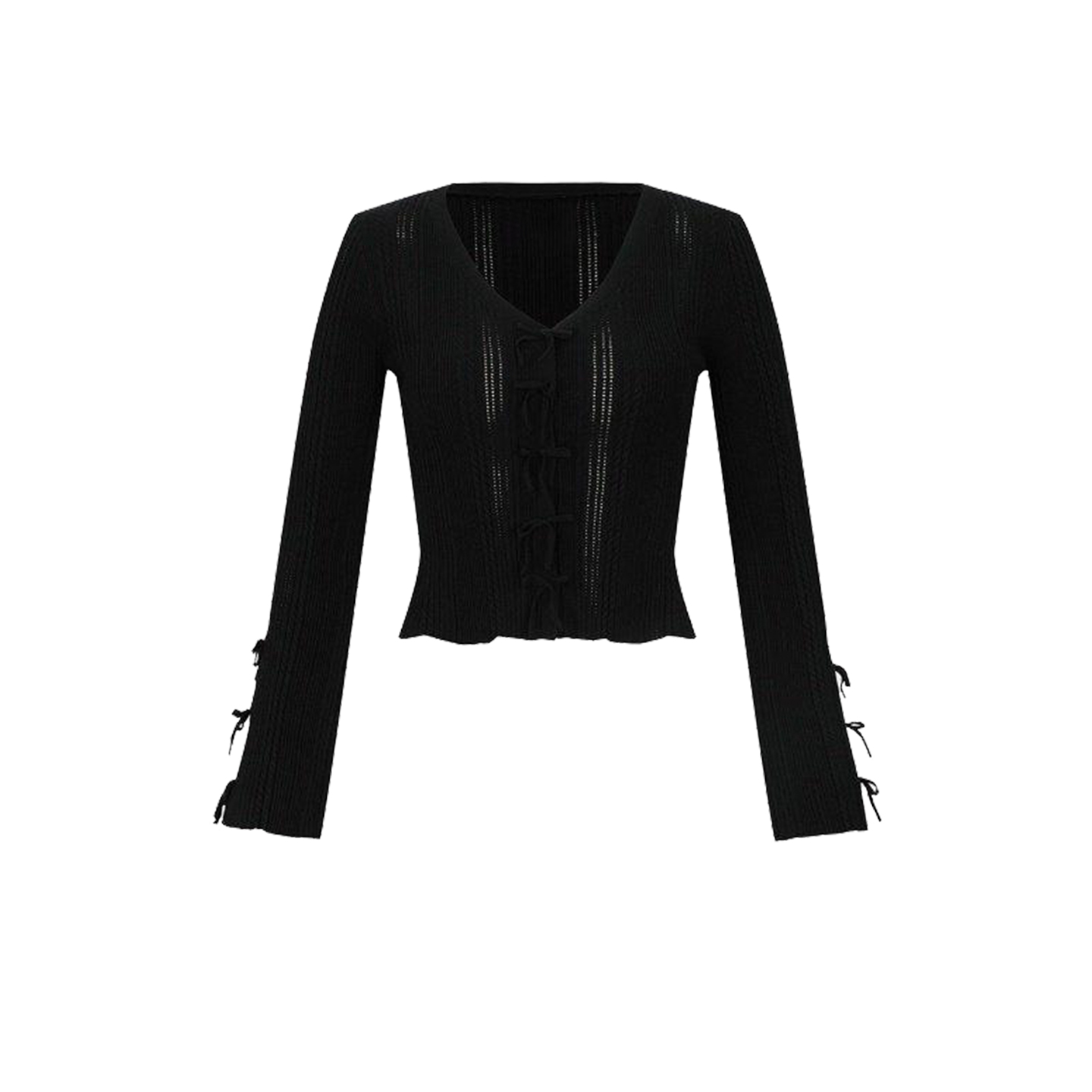 UR&DC2025秋季新款法式气质蝴蝶结装饰超短款针织开衫女黑色上衣