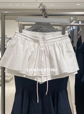 UR&DC2025夏季新款法式甜美百搭度假风松紧腰抽绳裙裤白色超短裤