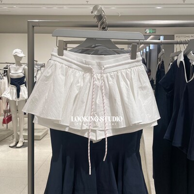 UR&DC2025夏季新款法式甜美百搭度假风松紧腰抽绳裙裤白色超短裤