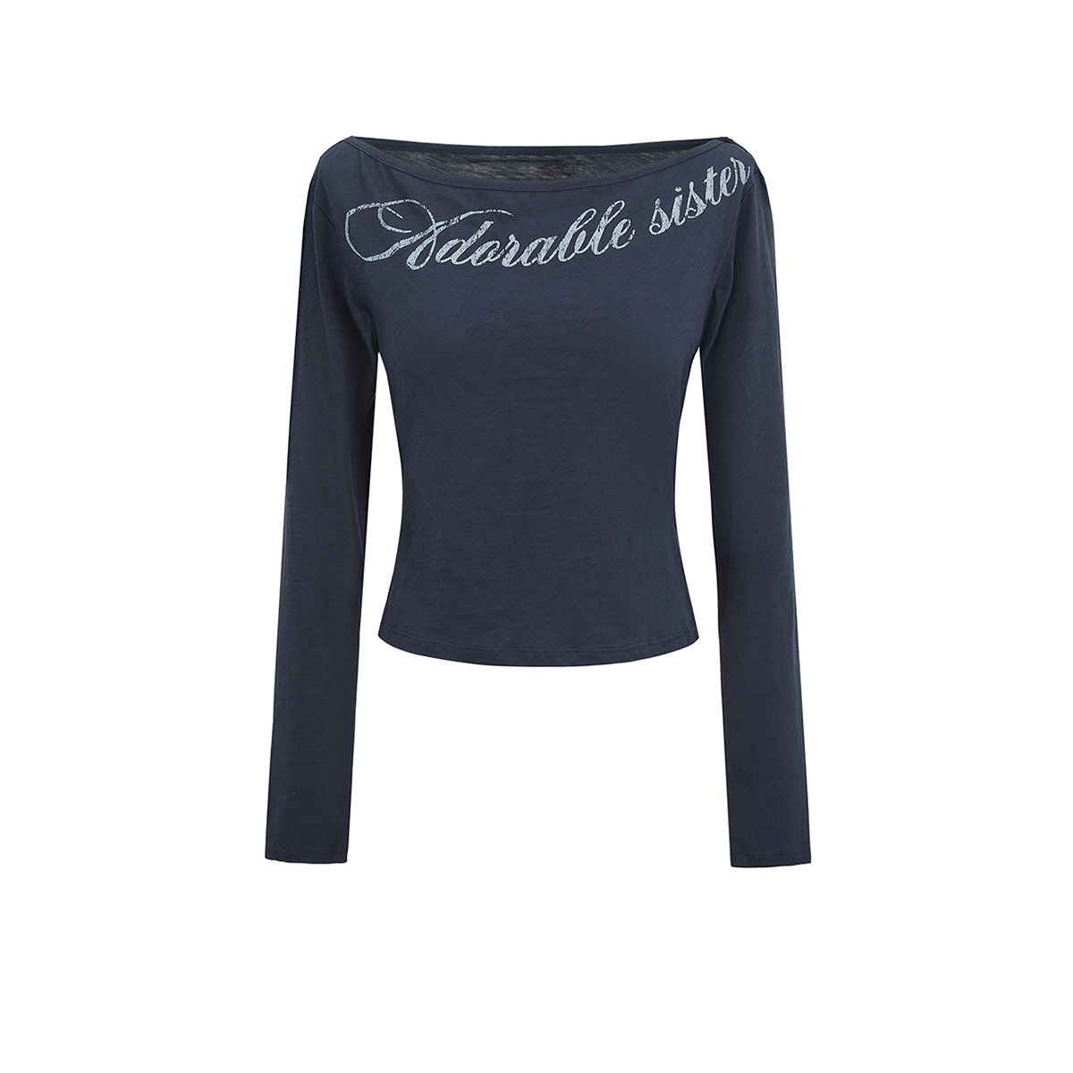 UR&DC2025春季新款纯棉创意字母印花短款修身一字领长袖T恤女上衣