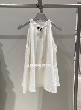 UR&DC2025夏季新款法式休闲度假风织带木耳边抽绳无袖罩衫女上衣