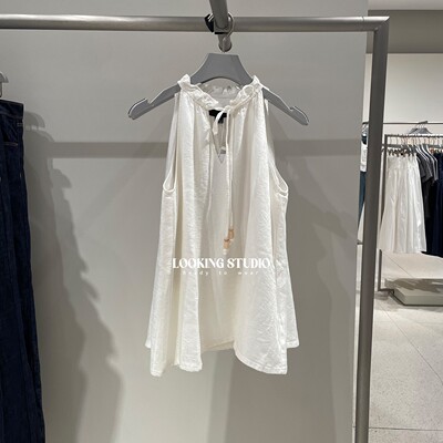 UR&DC2025夏季新款法式休闲度假风织带木耳边抽绳无袖罩衫女上衣