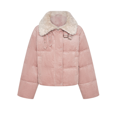 UR&DC2024年冬季甜美减龄粉色多巴胺拼接毛领灯芯绒短款羽绒服女