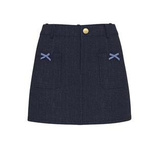 UR&DC2024秋季新款甜美减龄蝴蝶结高腰显瘦A字裙蓝色洗水牛仔短裙