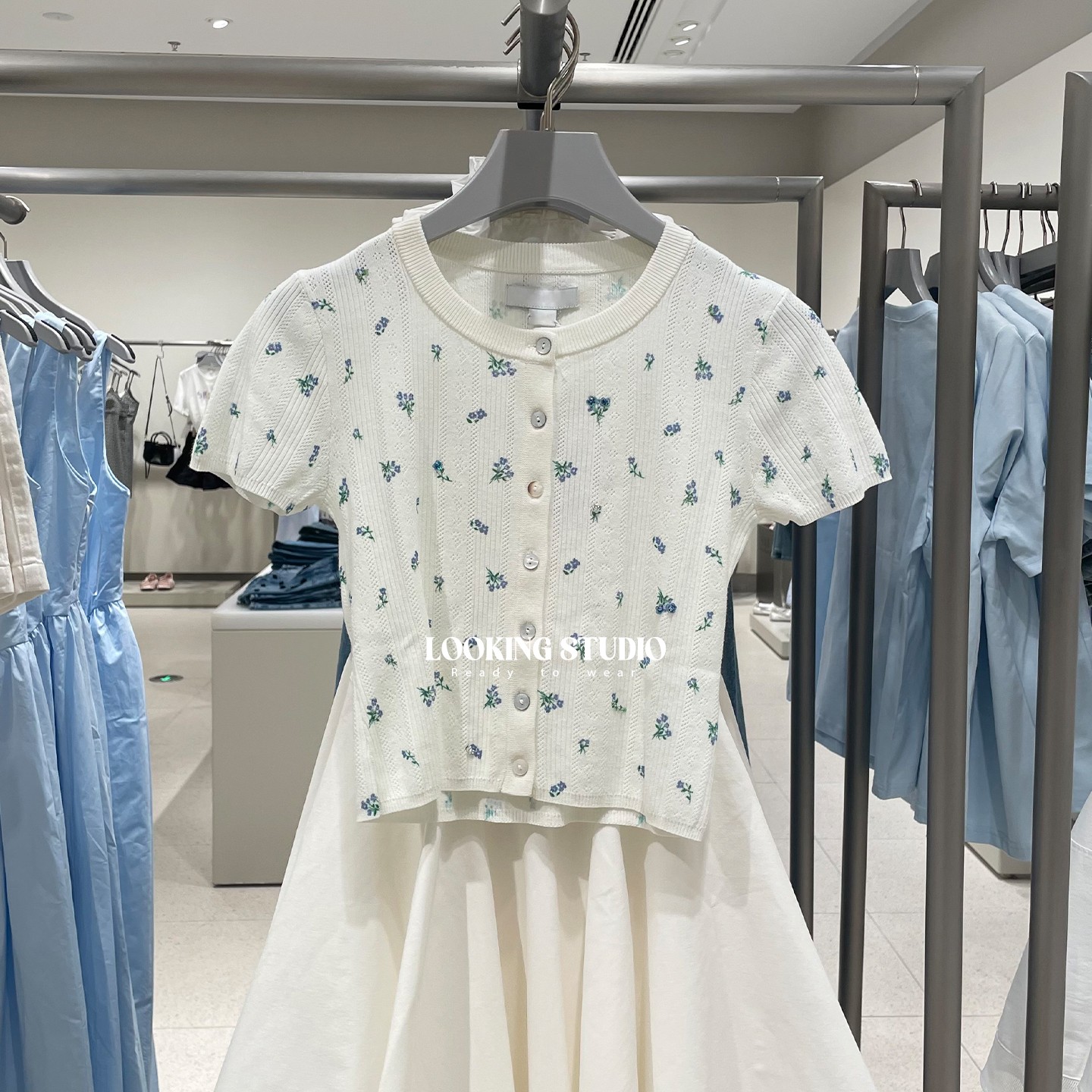 UR&DC2025夏季新款法式甜美减龄花朵串珠装饰薄款短袖针织上衣女