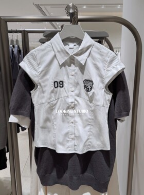 UR&DC2026夏季新款女装潮流美式复古刺绣条纹开襟衬衫女短款上衣