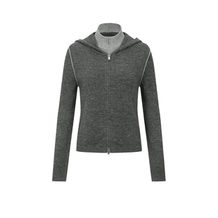 UR&DC2025秋冬新款休闲格雷系双拉链连帽拼接假两件长袖针织衫女