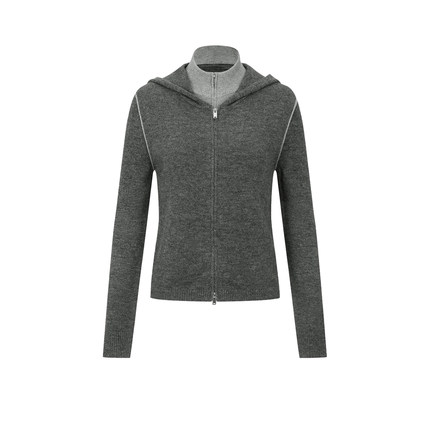 UR&DC2025秋冬新款休闲格雷系双拉链连帽拼接假两件长袖针织衫女